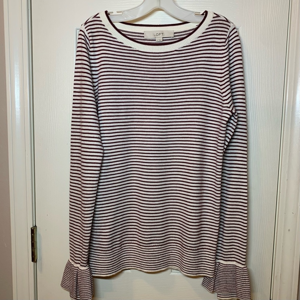 Loft Ivory and Burgundy Striped Crew Neck Sweater with Cuff Ruffle, XS E…